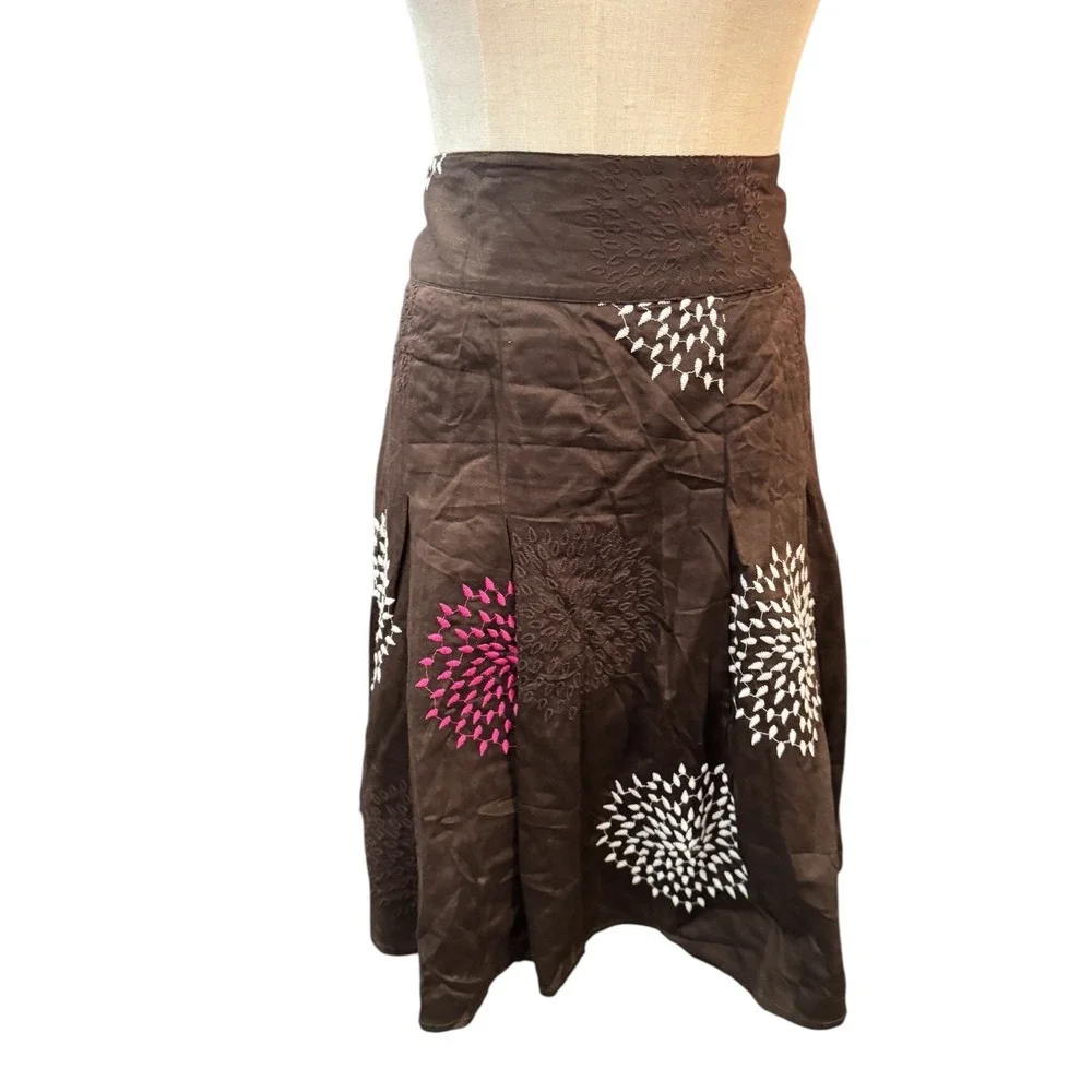 Ann Taylor Brown Cotton Embroidered Floral A-Line Midi Skirt Pink White Size‎ 14